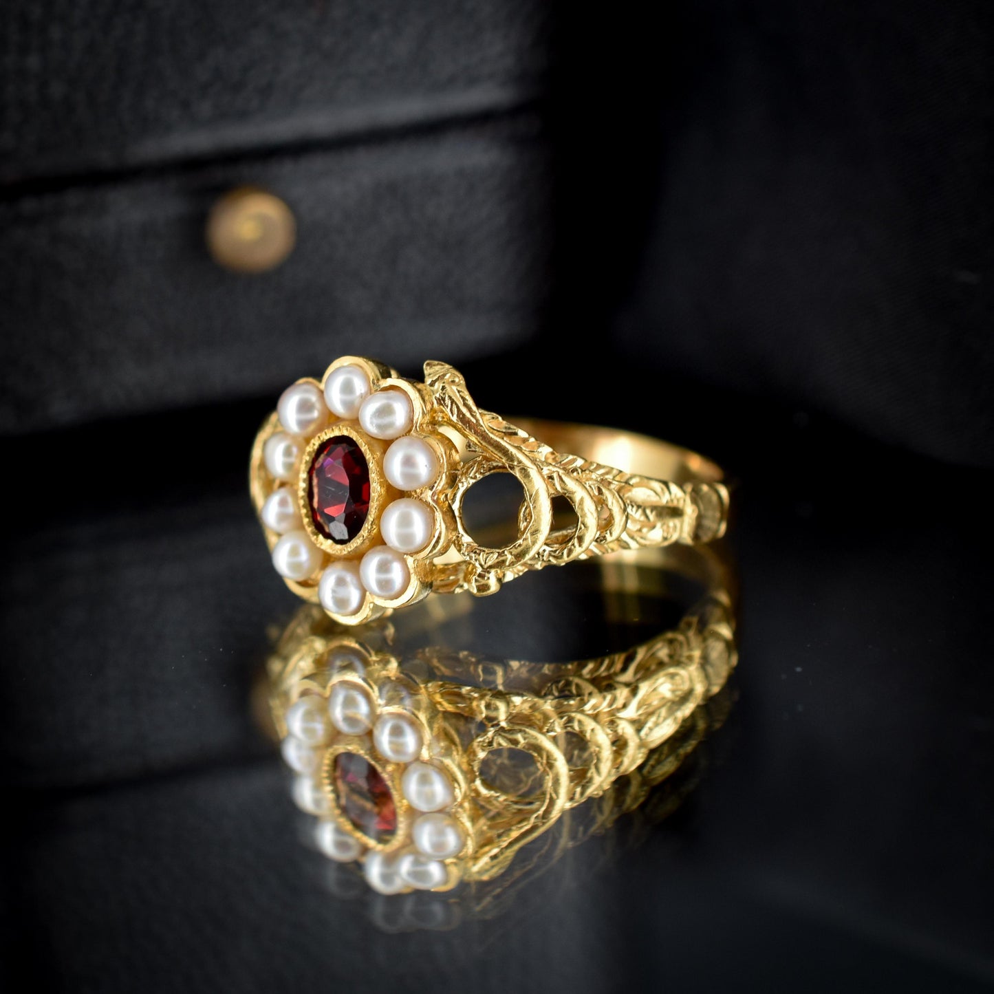 Garnet and Pearl Cluster Halo Snake Serpent Yellow Gold Gilded Ring | Antique Style