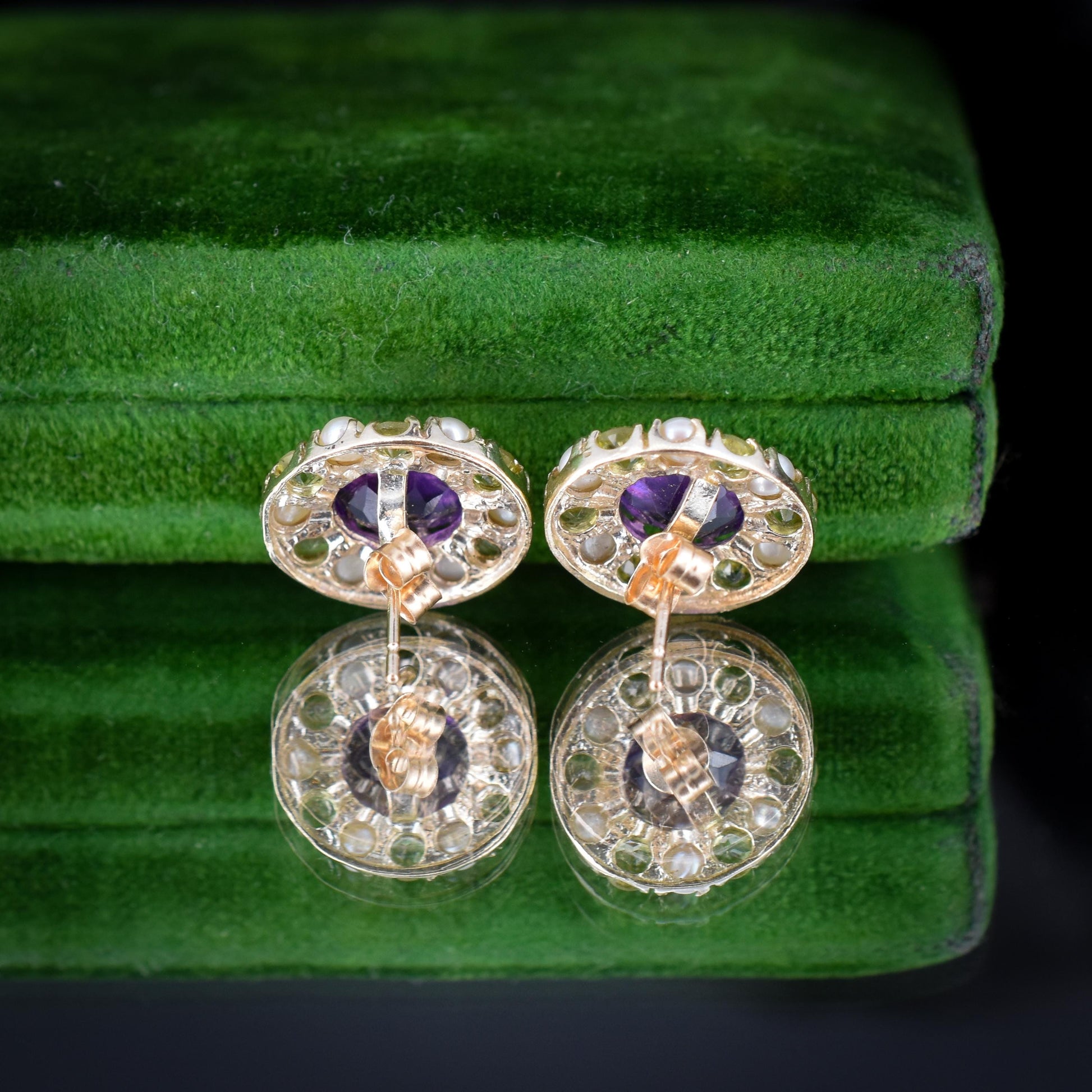 Amethyst Peridot and Pearl Cluster Yellow Gold Stud Earrings | Suffragette Style