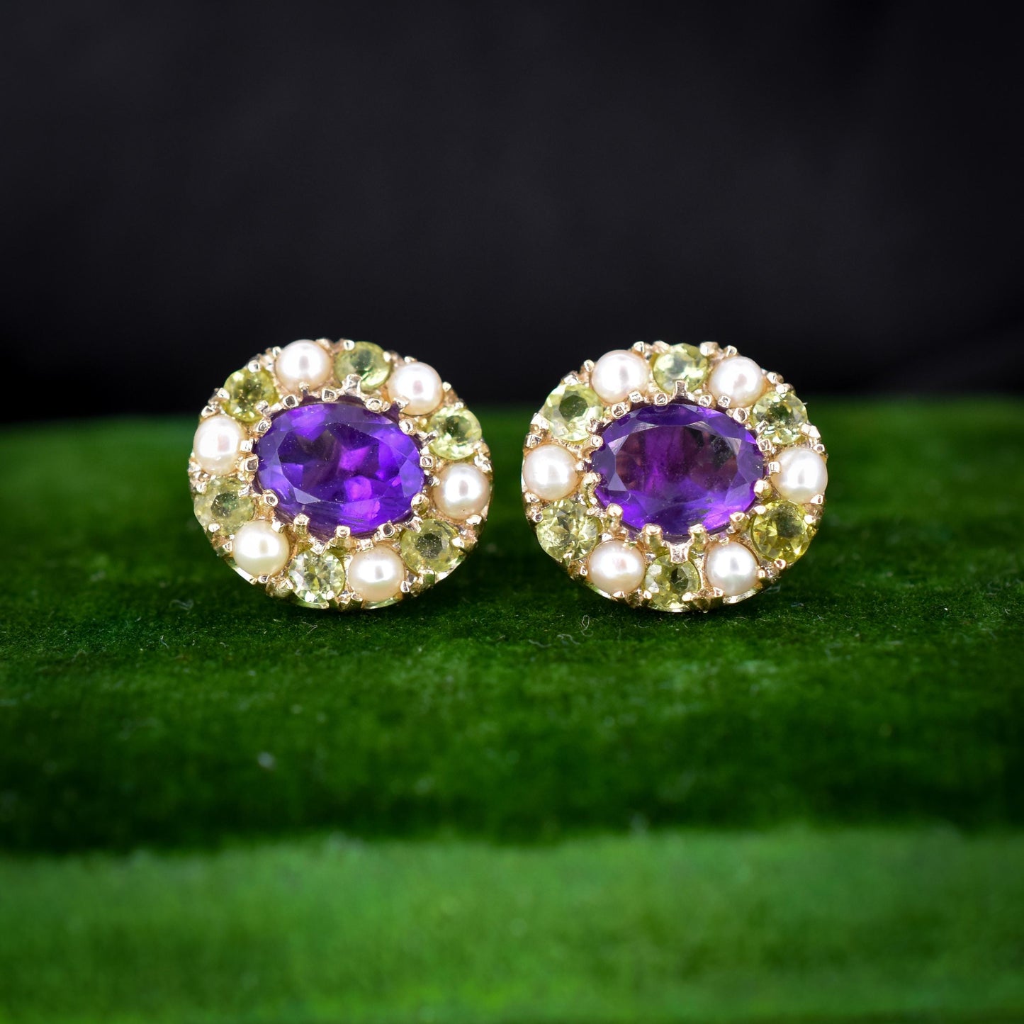 Amethyst Peridot and Pearl Cluster Yellow Gold Stud Earrings | Suffragette Style