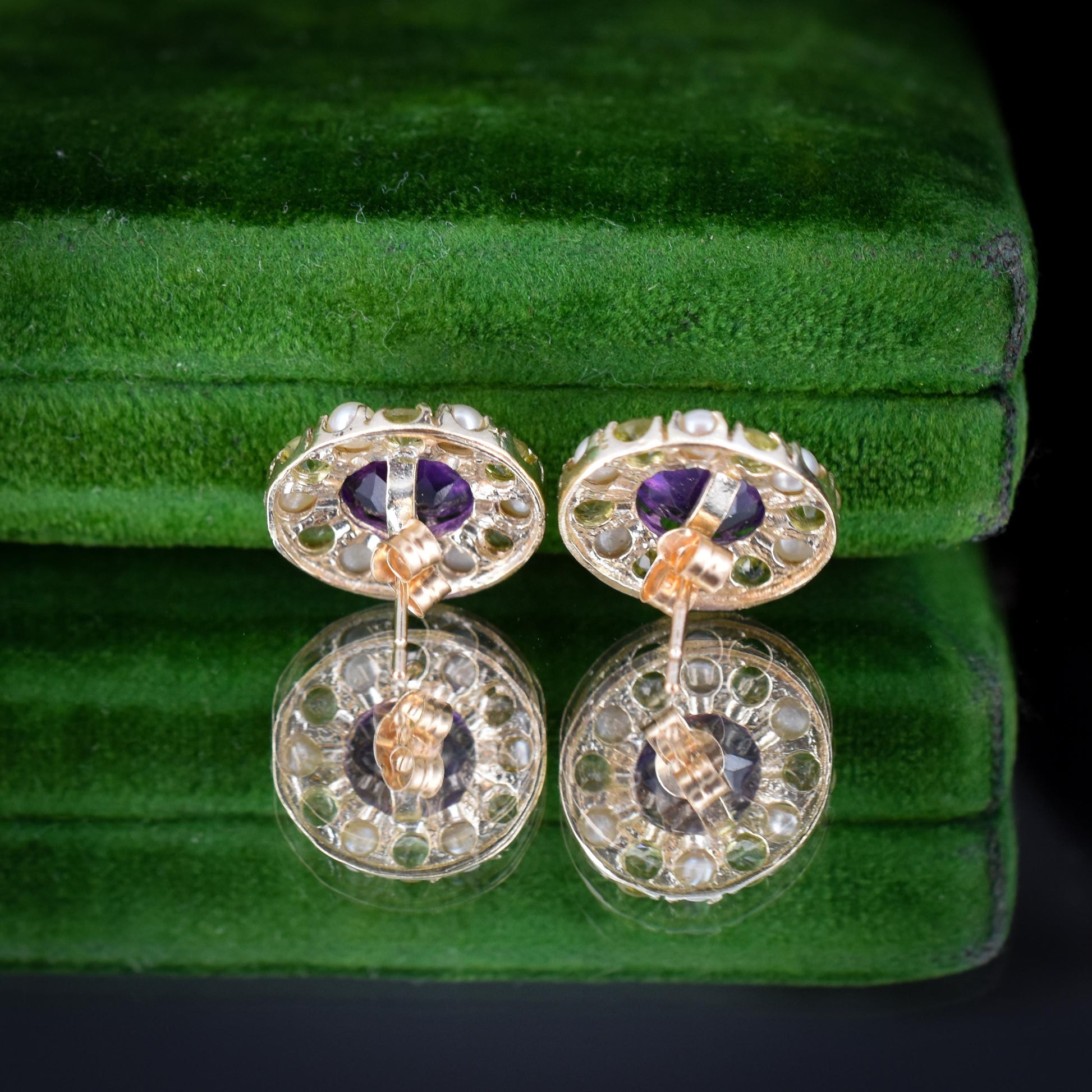 Amethyst Peridot and Pearl Cluster Yellow Gold Stud Earrings | Suffragette Style