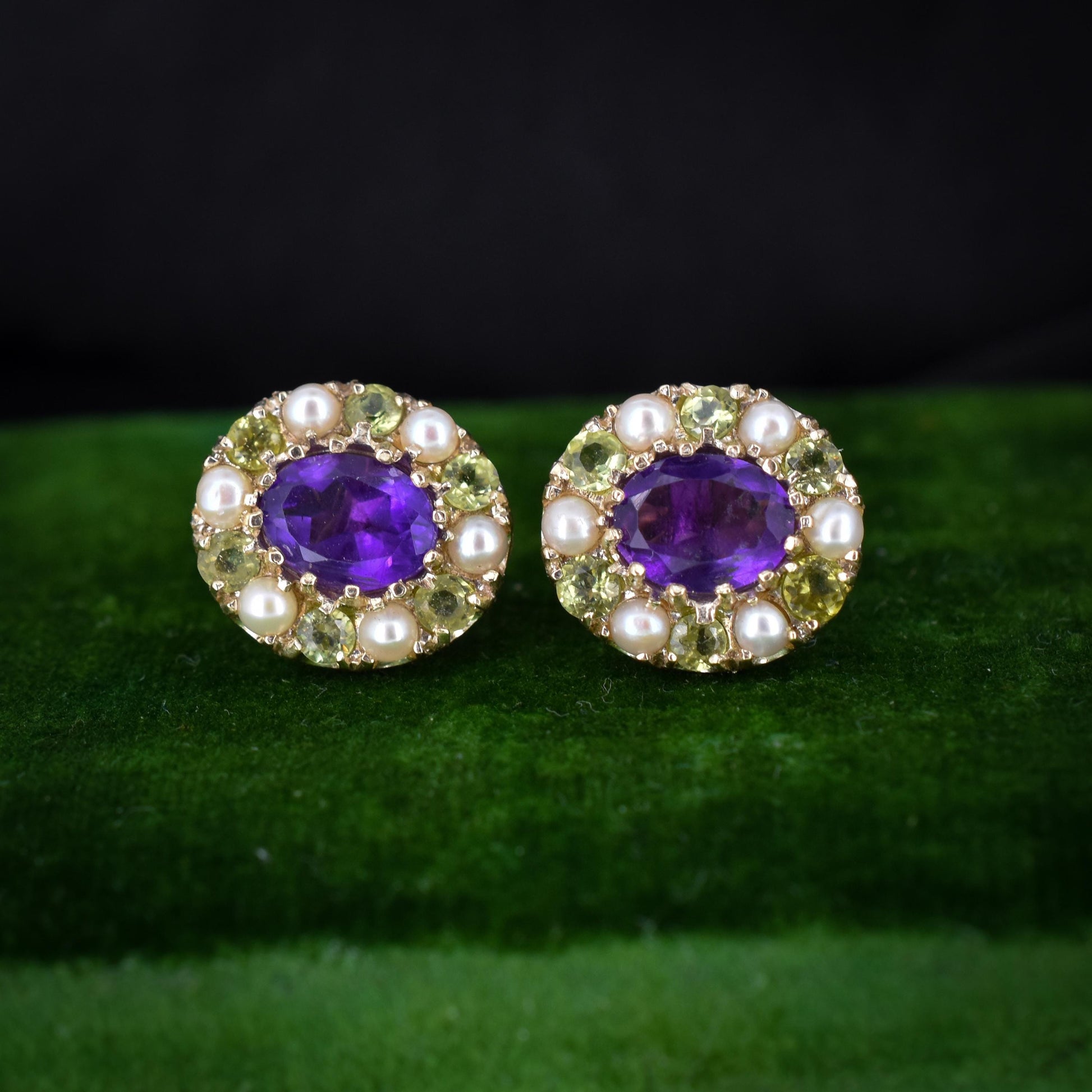 Amethyst Peridot and Pearl Cluster Yellow Gold Stud Earrings | Suffragette Style