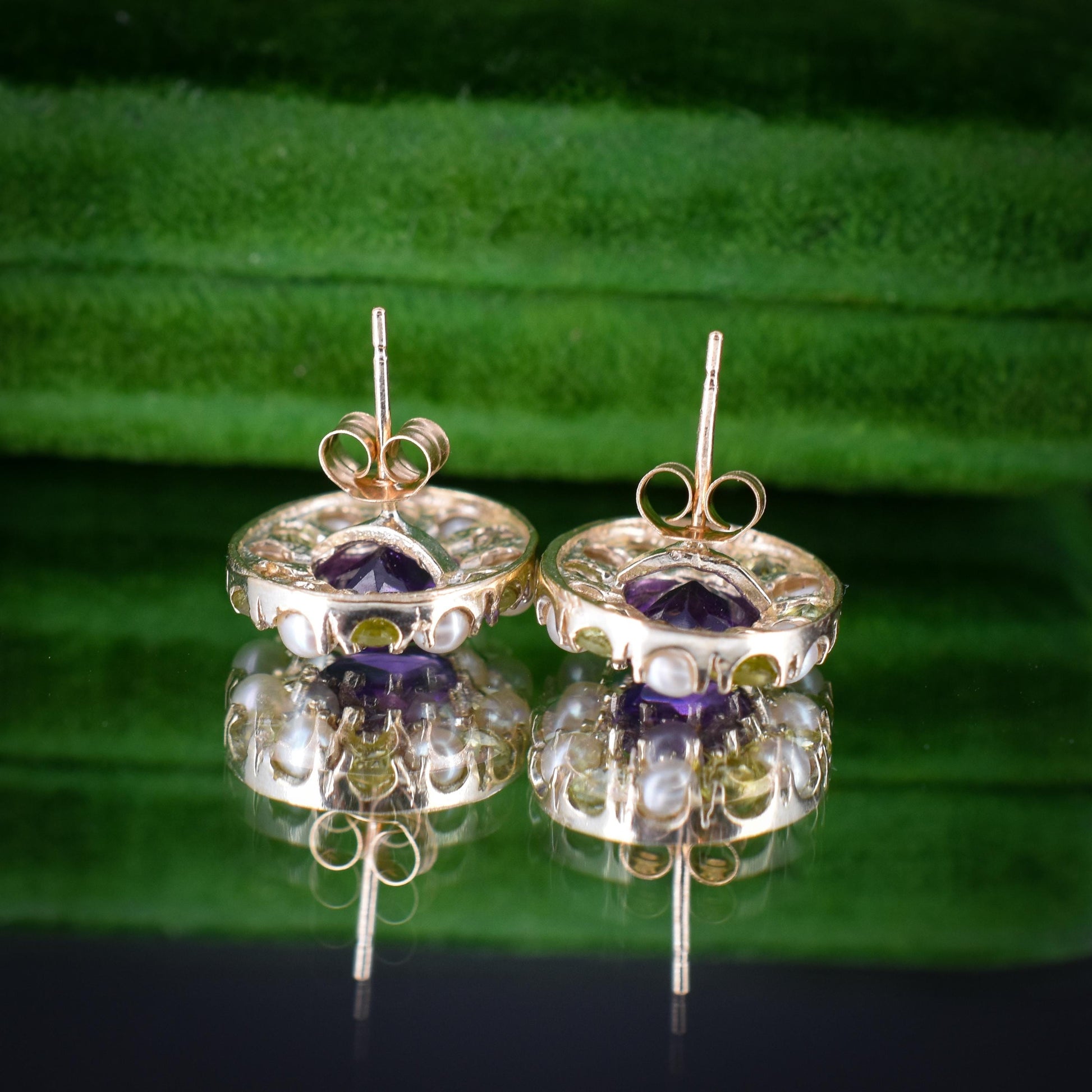 Amethyst Peridot and Pearl Cluster Yellow Gold Stud Earrings | Suffragette Style