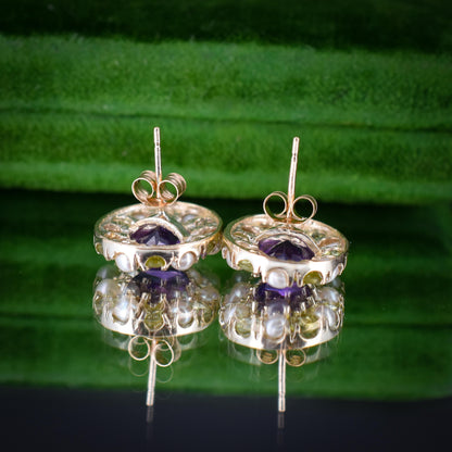 Amethyst Peridot and Pearl Cluster Yellow Gold Stud Earrings | Suffragette Style