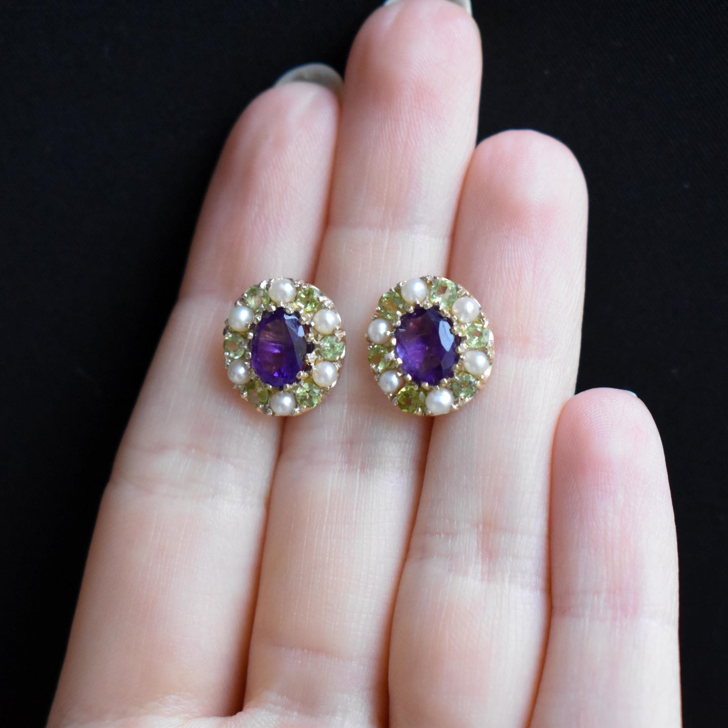 Amethyst Peridot and Pearl Cluster Yellow Gold Stud Earrings | Suffragette Style