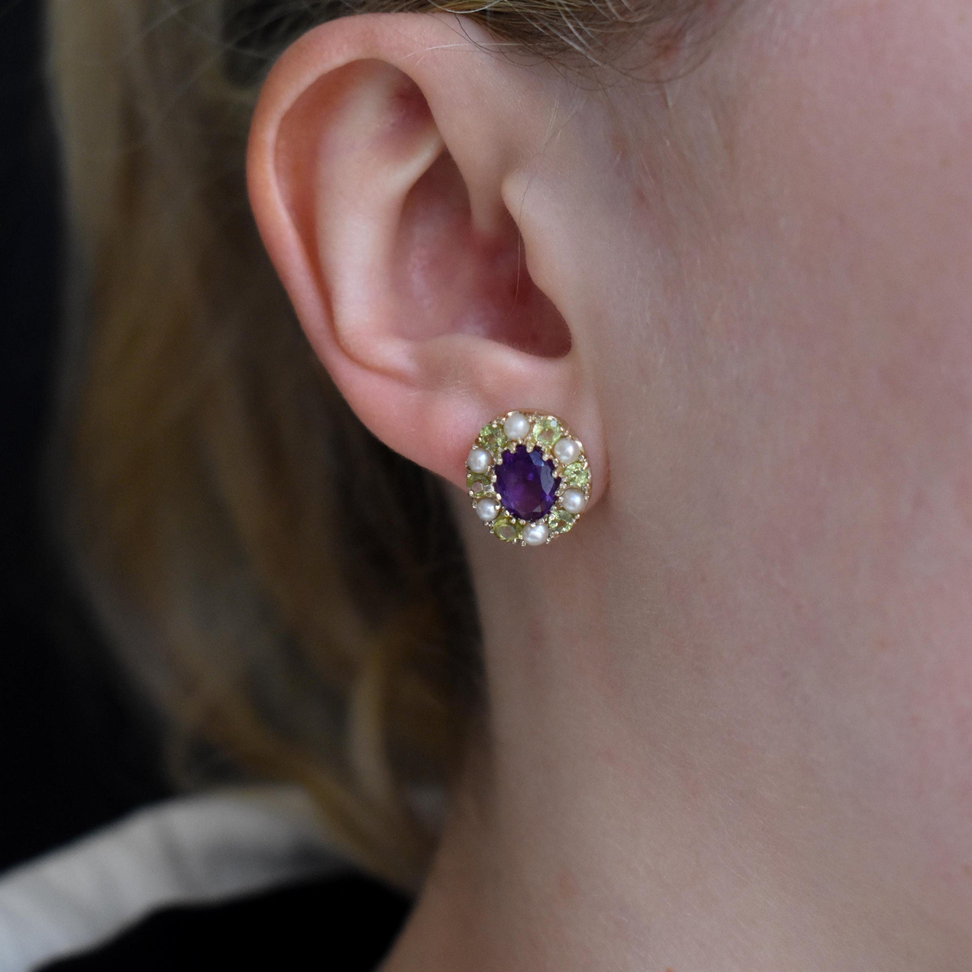 Amethyst Peridot and Pearl Cluster Yellow Gold Stud Earrings | Suffragette Style