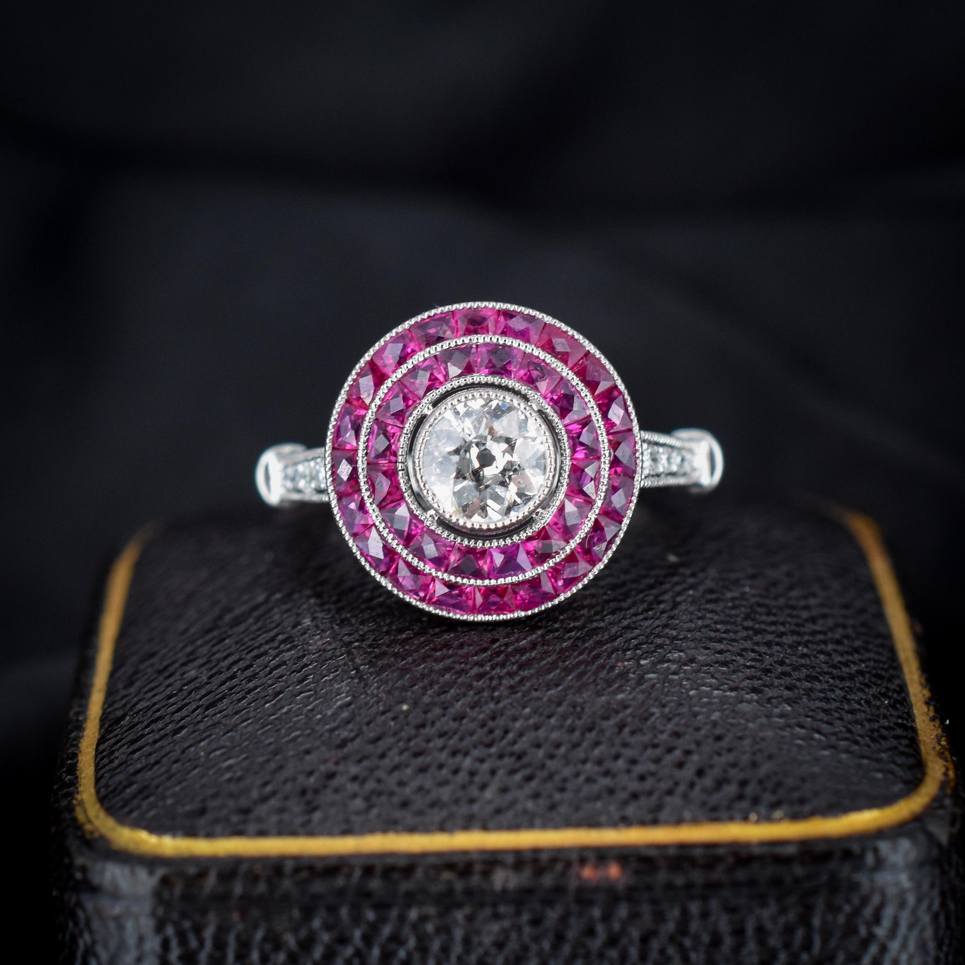 Art Deco Style Ruby and Old Cut Diamond Platinum Target Halo Ring