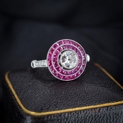 Art Deco Style Ruby and Old Cut Diamond Platinum Target Halo Ring