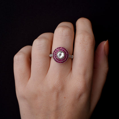 Art Deco Style Ruby and Old Cut Diamond Platinum Target Halo Ring