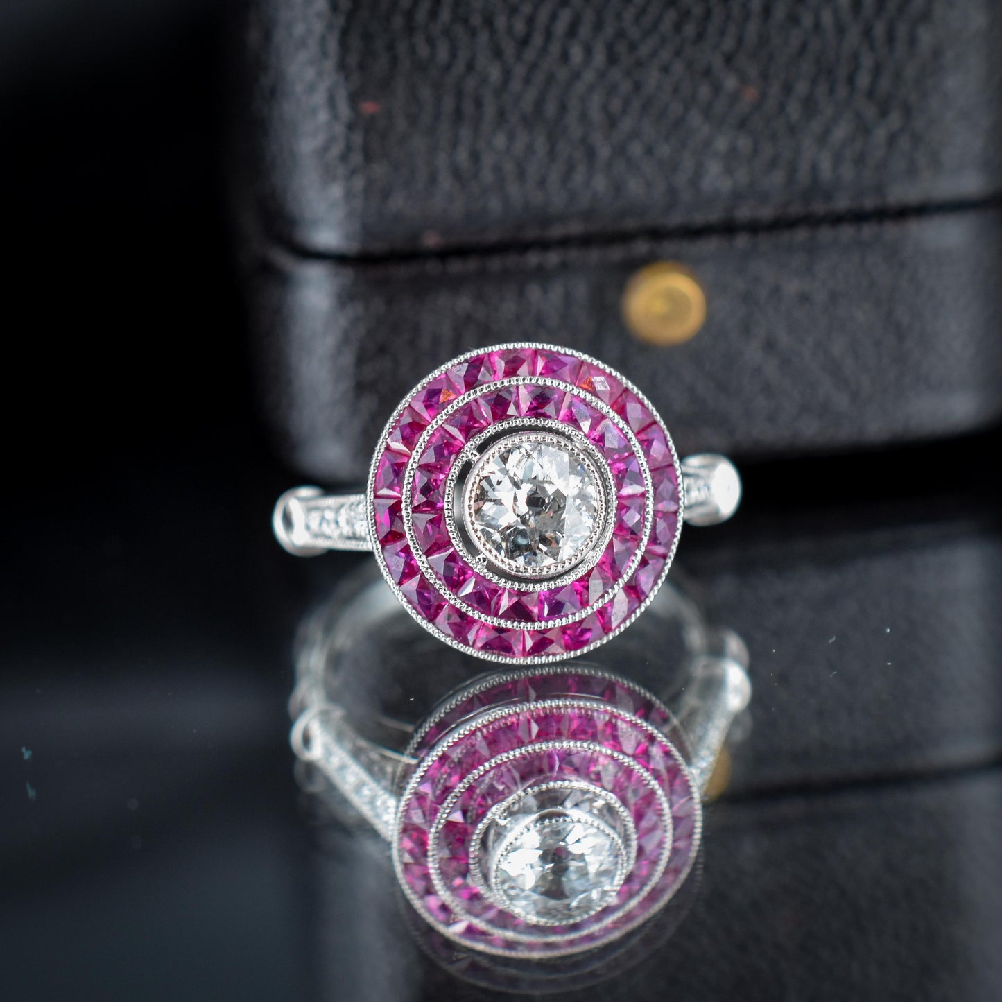 Art Deco Style Ruby and Old Cut Diamond Platinum Target Halo Ring