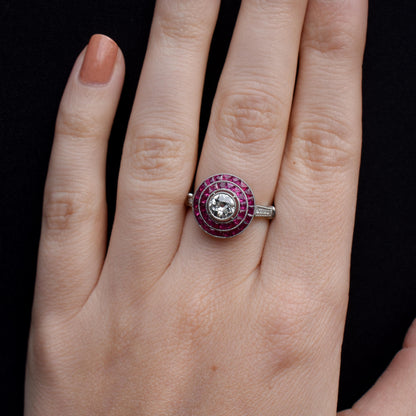 Art Deco Style Ruby and Old Cut Diamond Platinum Target Halo Ring