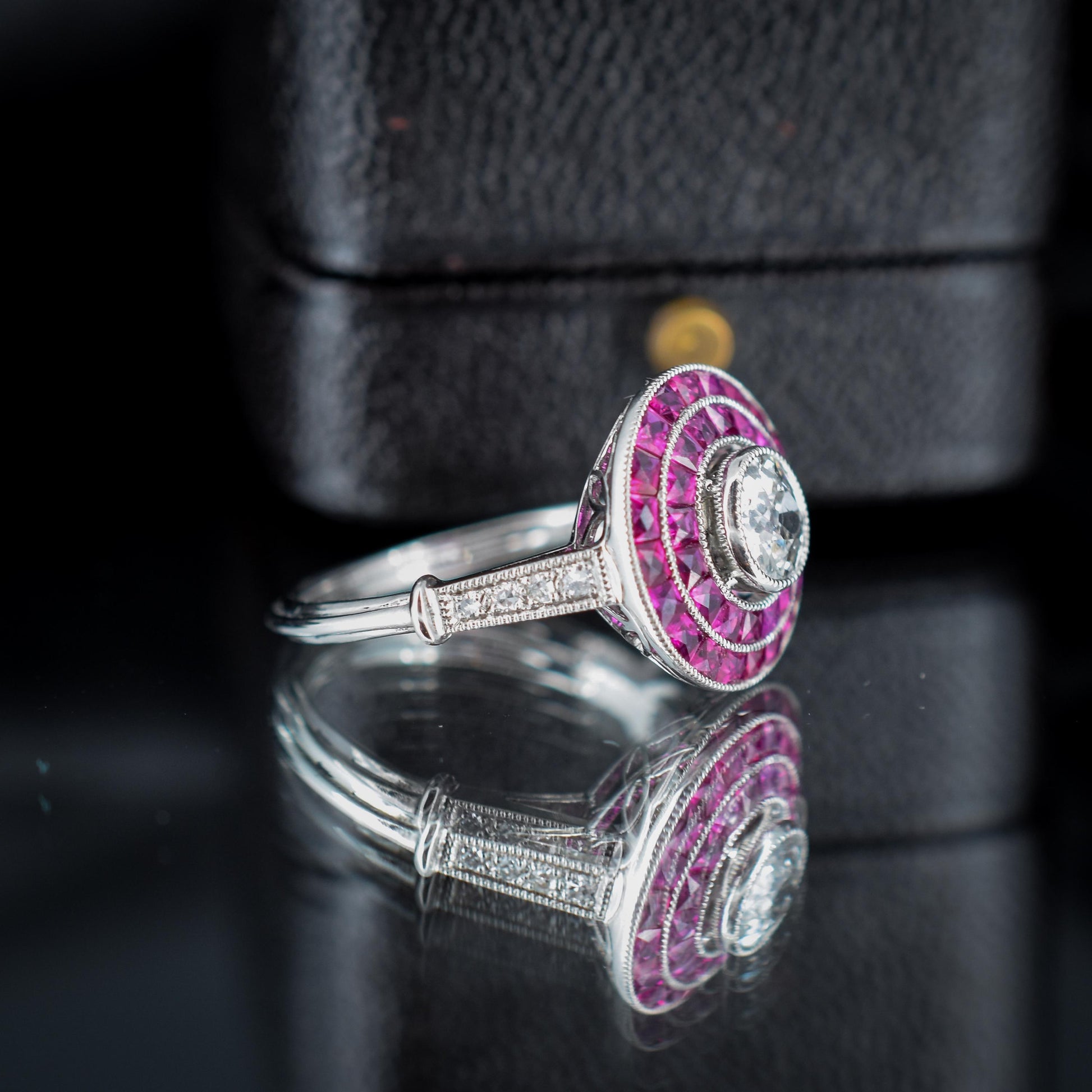 Art Deco Style Ruby and Old Cut Diamond Platinum Target Halo Ring