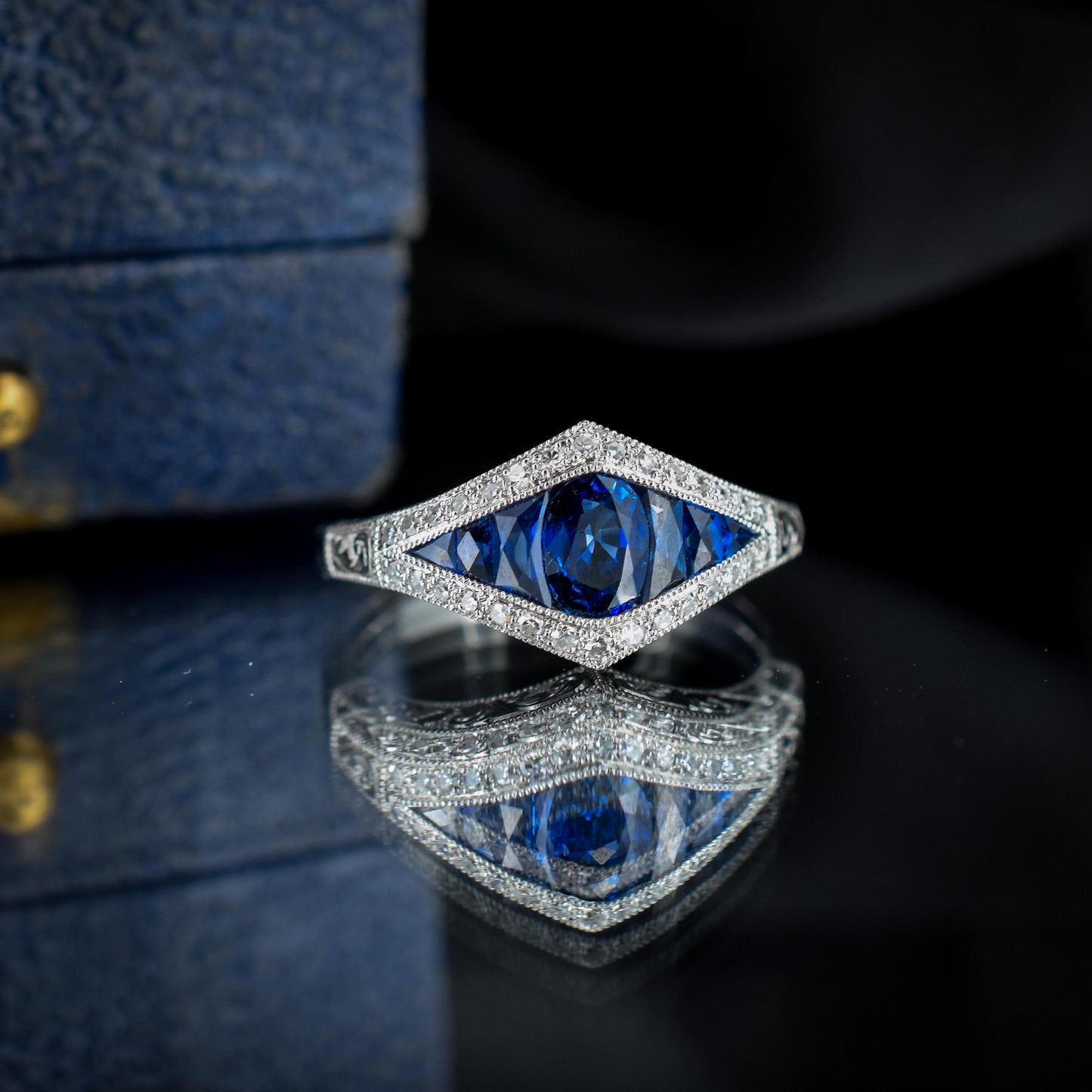 Art Deco Style Blue Sapphire and Diamond Platinum Ring