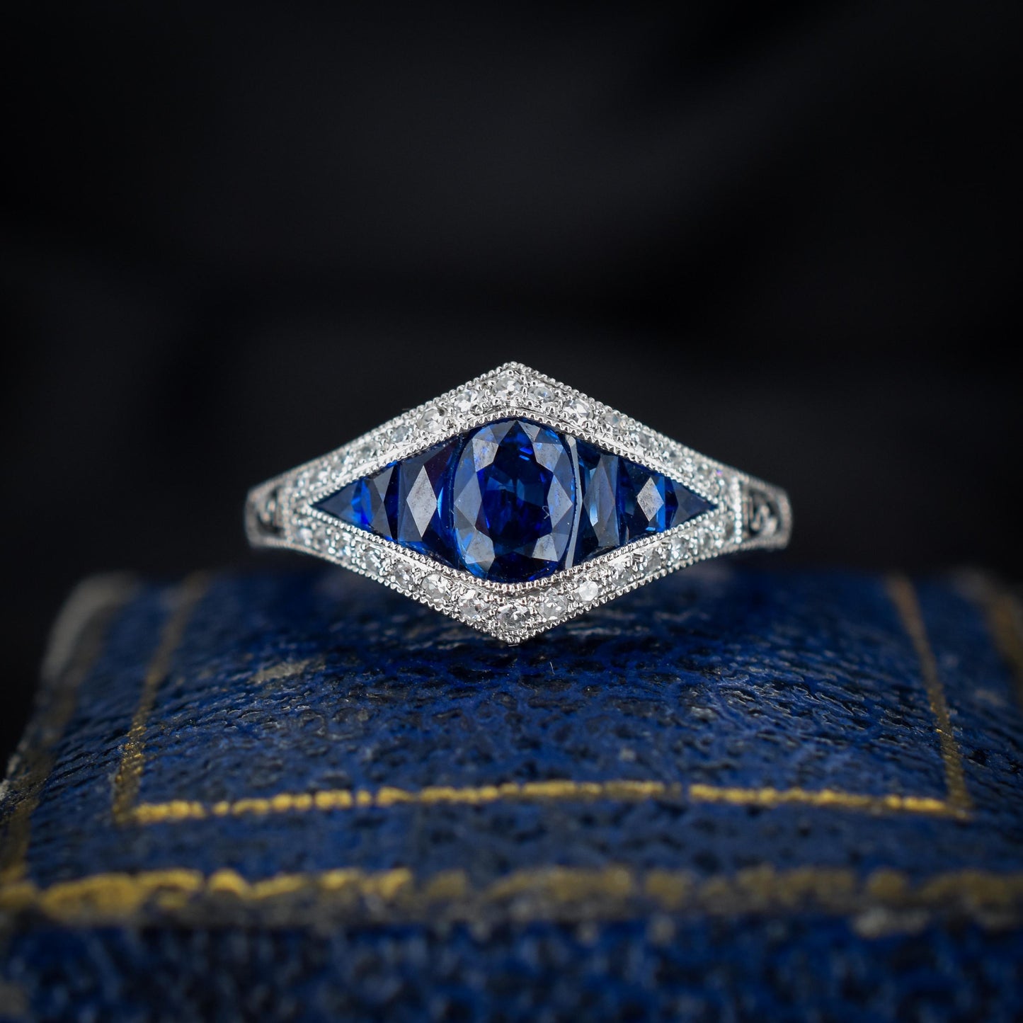 Art Deco Style Blue Sapphire and Diamond Platinum Ring