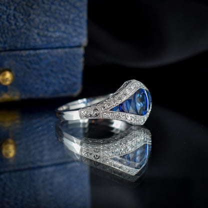 Art Deco Style Blue Sapphire and Diamond Platinum Ring