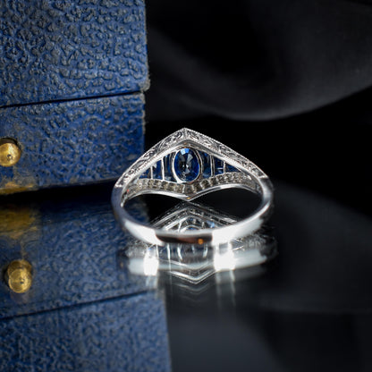 Art Deco Style Blue Sapphire and Diamond Platinum Ring