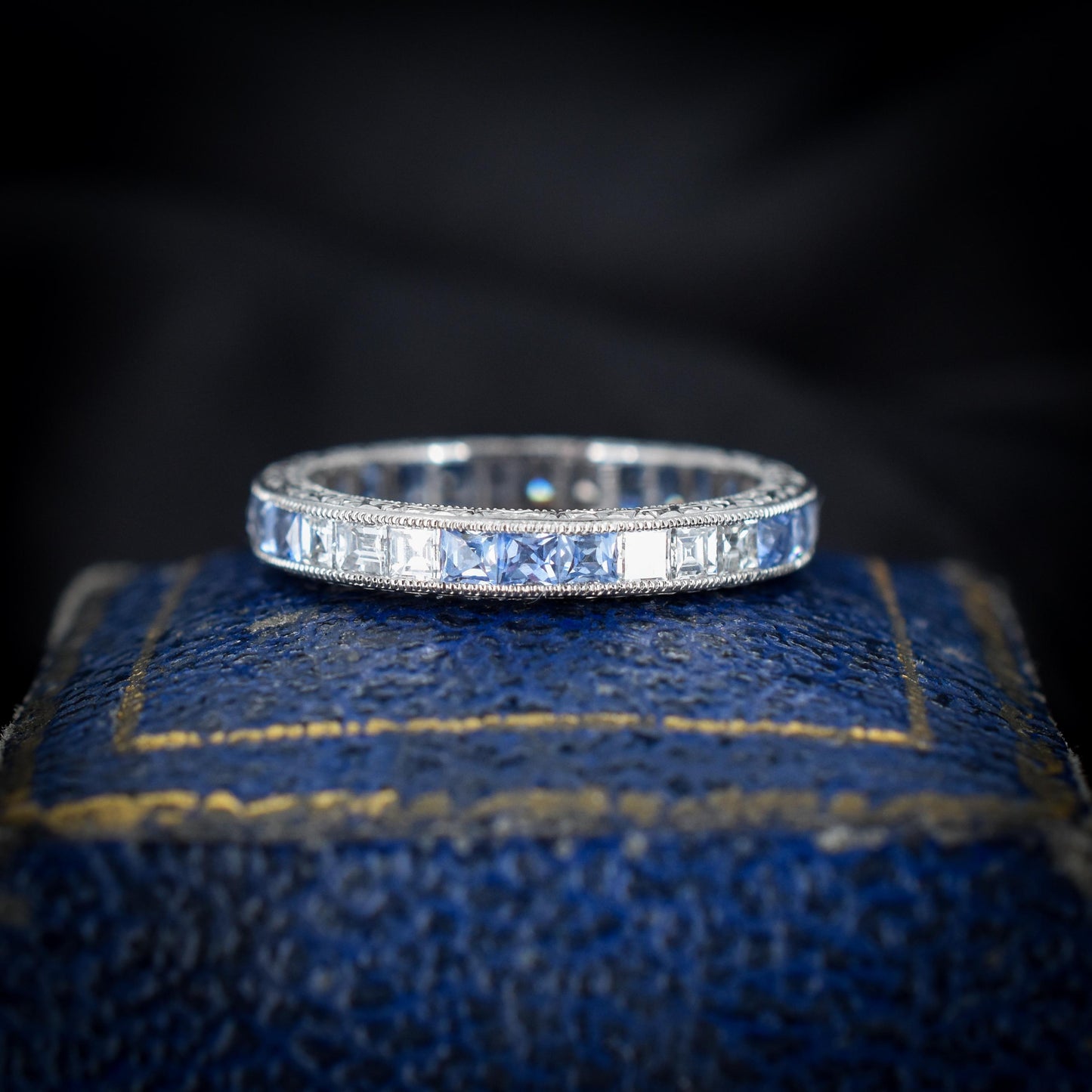 Art Deco Style Diamond and Ceylon Sapphire Platinum Full Eternity Band Ring