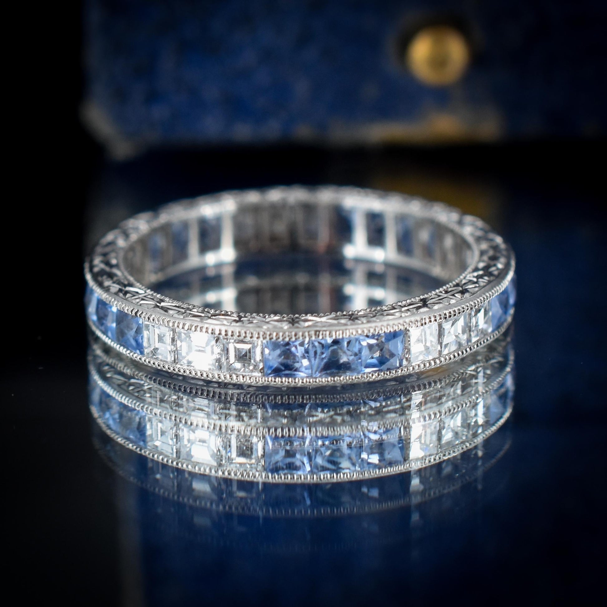 Art Deco Style Diamond and Ceylon Sapphire Platinum Full Eternity Band Ring