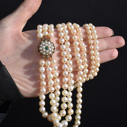 Vintage Multi Strand Pearl 9ct Gold Emerald Diamond Triple Strand Beaded Necklace