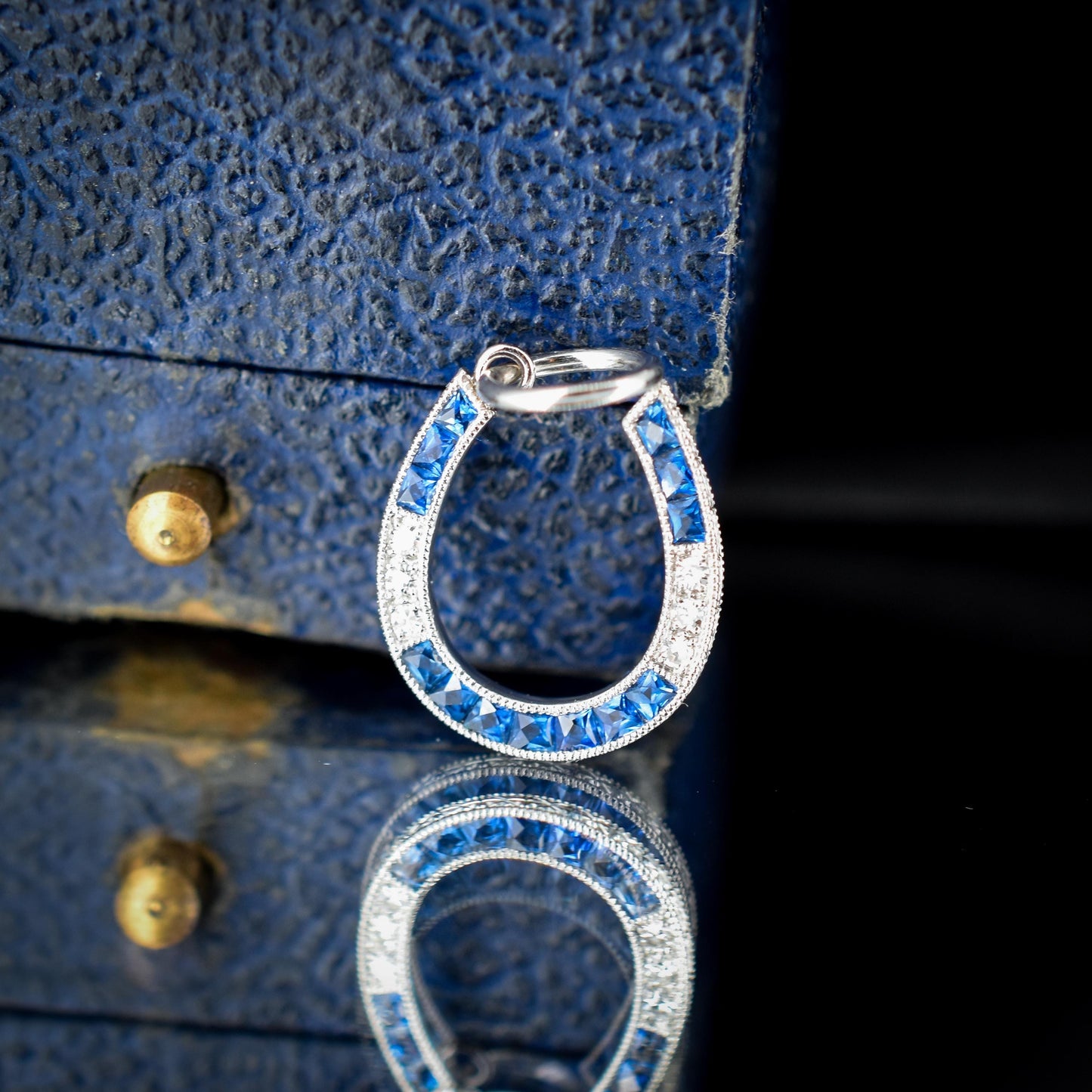 French Cut Sapphire and Diamond Horseshoe Platinum Charm Pendant