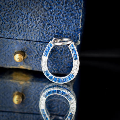 French Cut Sapphire and Diamond Horseshoe Platinum Charm Pendant