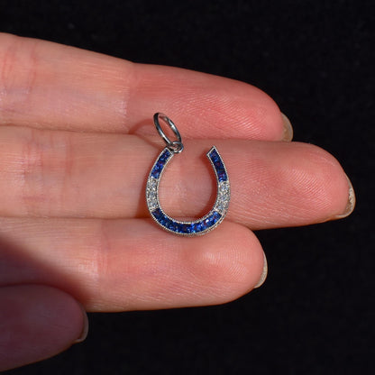 French Cut Sapphire and Diamond Horseshoe Platinum Charm Pendant