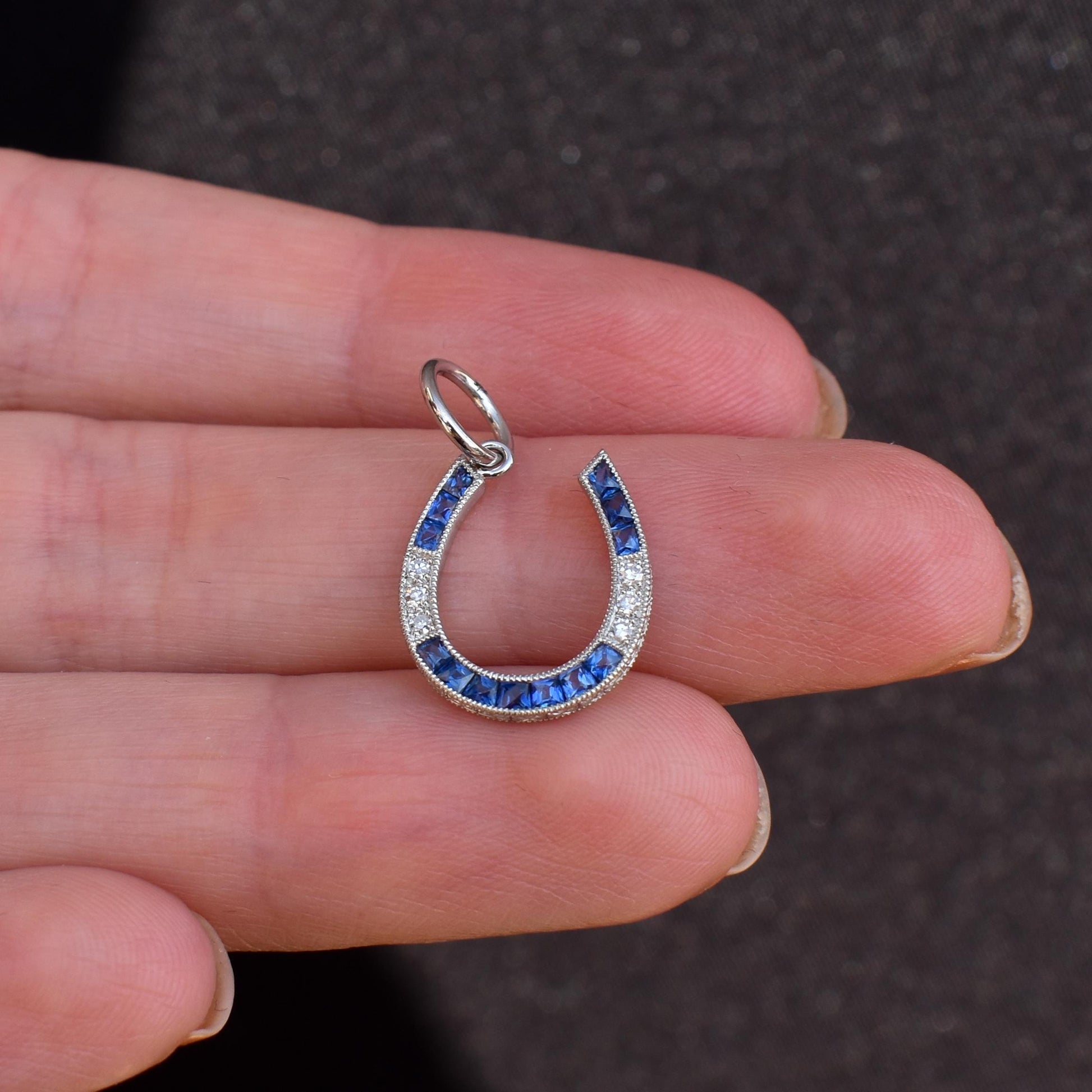 French Cut Sapphire and Diamond Horseshoe Platinum Charm Pendant