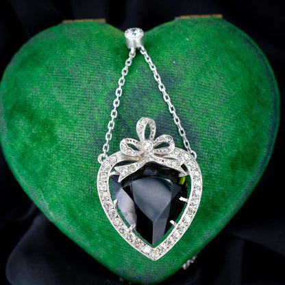 Antique German Green Paste Silver Heart Pendant and Chain Necklace