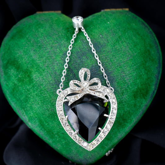 Antique German Green Paste Silver Heart Pendant and Chain Necklace