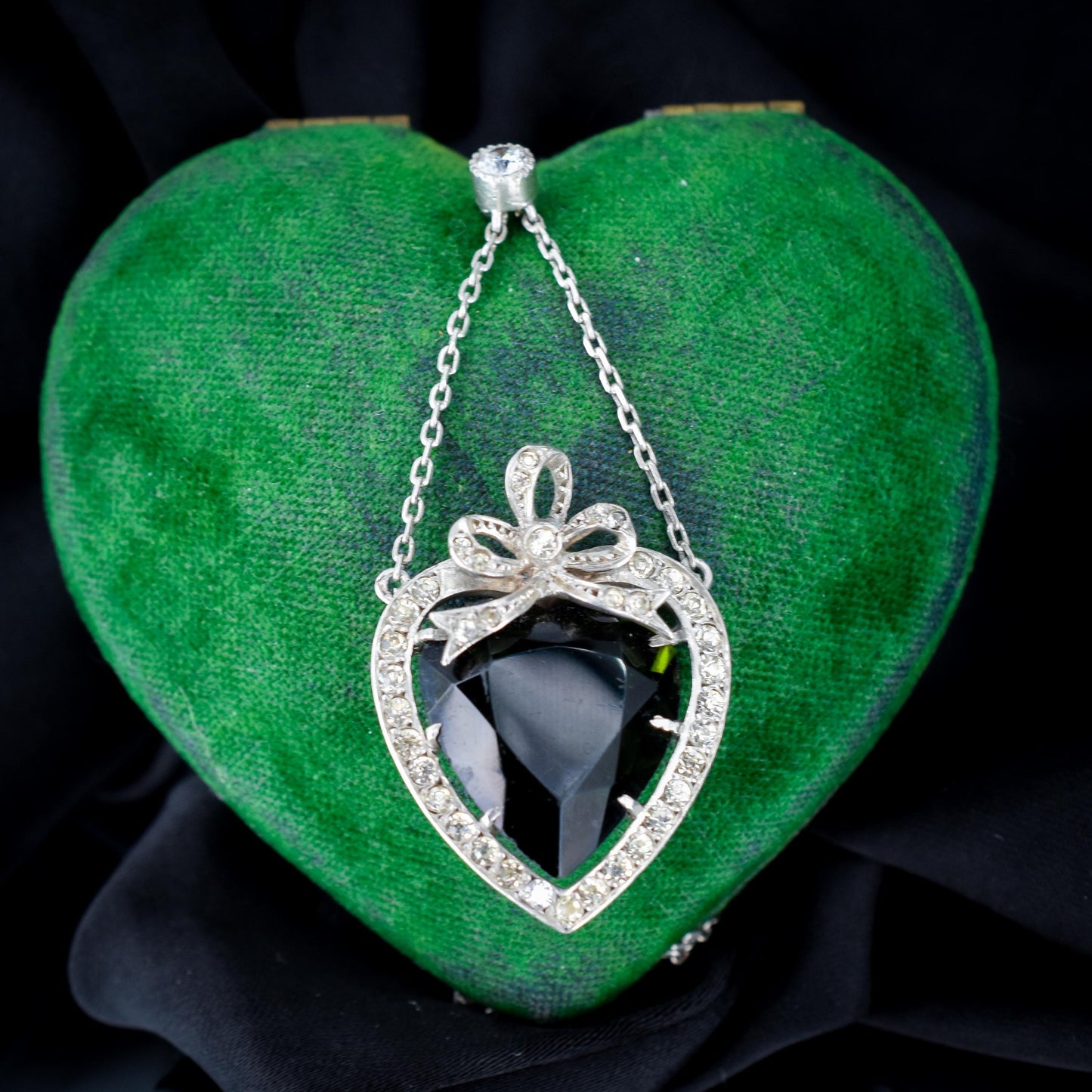 Antique German Green Paste Silver Heart Pendant and Chain Necklace