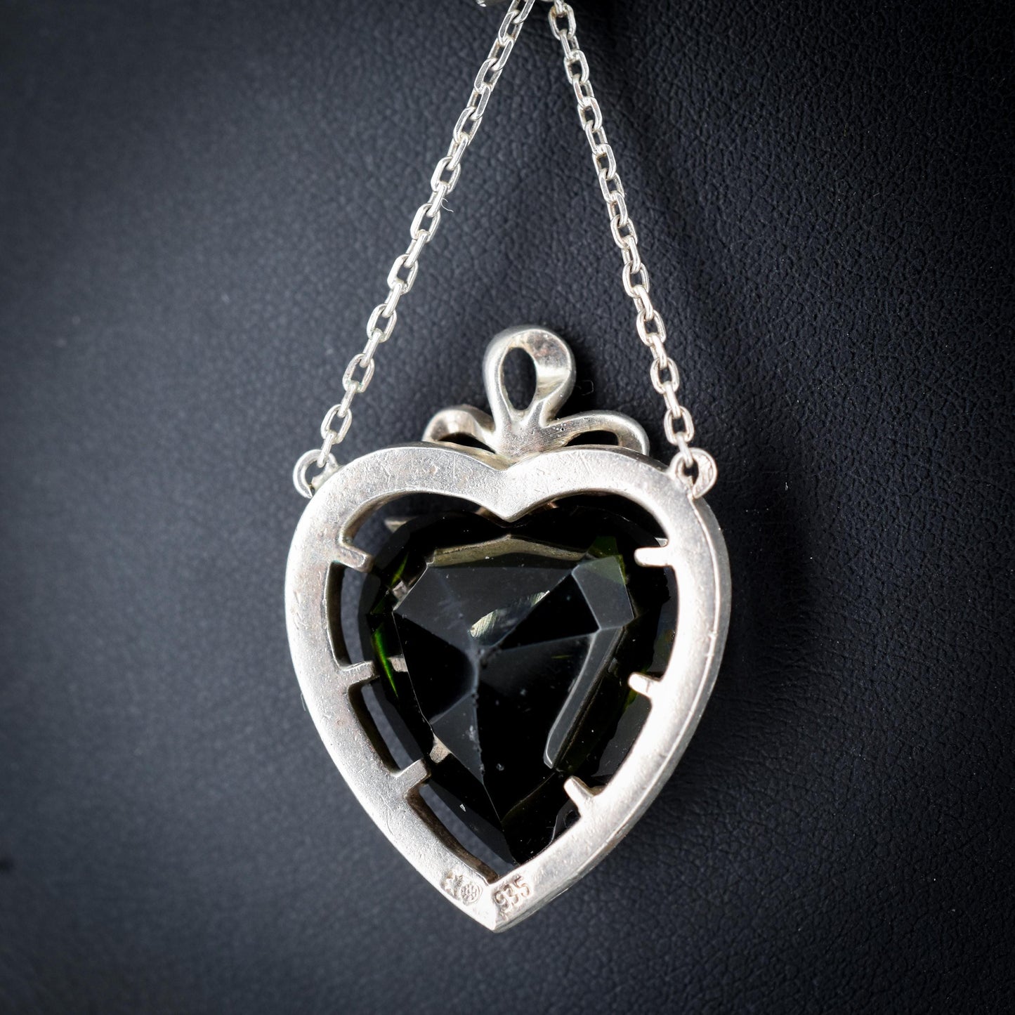 Antique German Green Paste Silver Heart Pendant and Chain Necklace