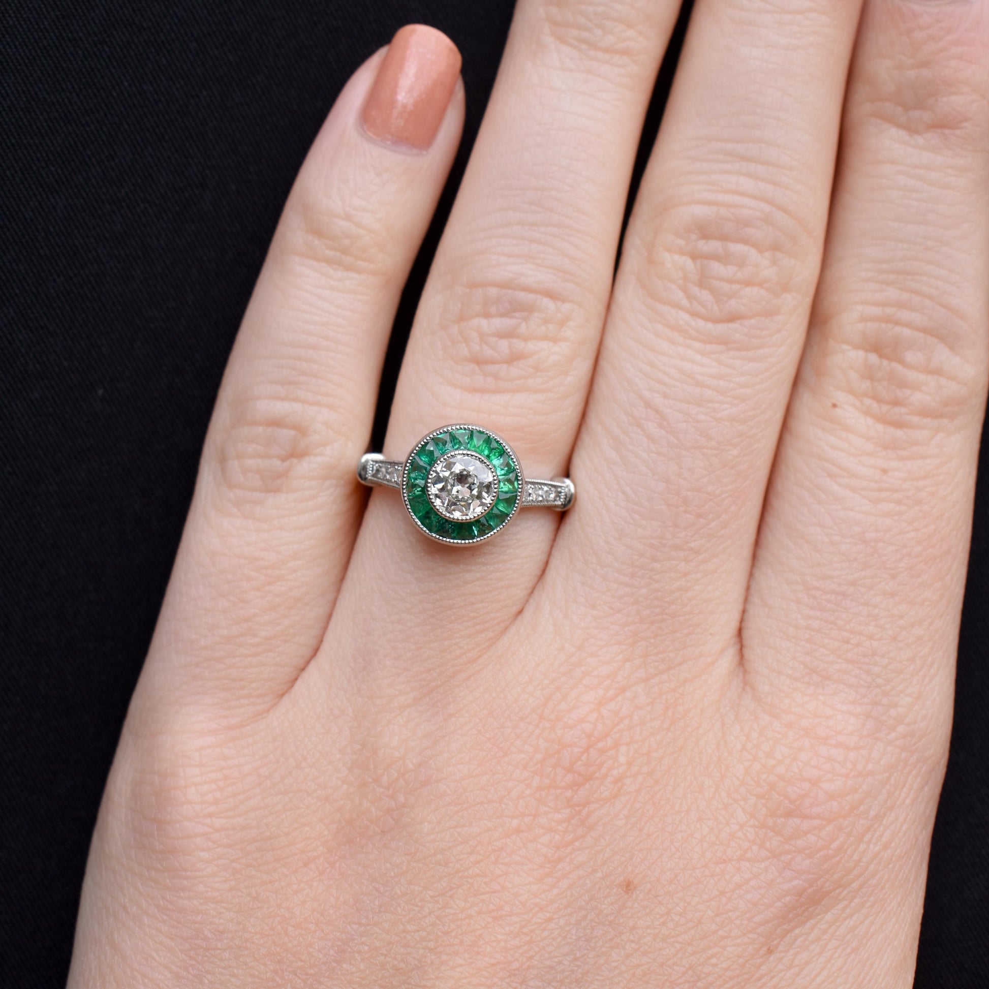 Art Deco Style Emerald and Old Cut Diamond Target Cluster Halo Platinum Ring