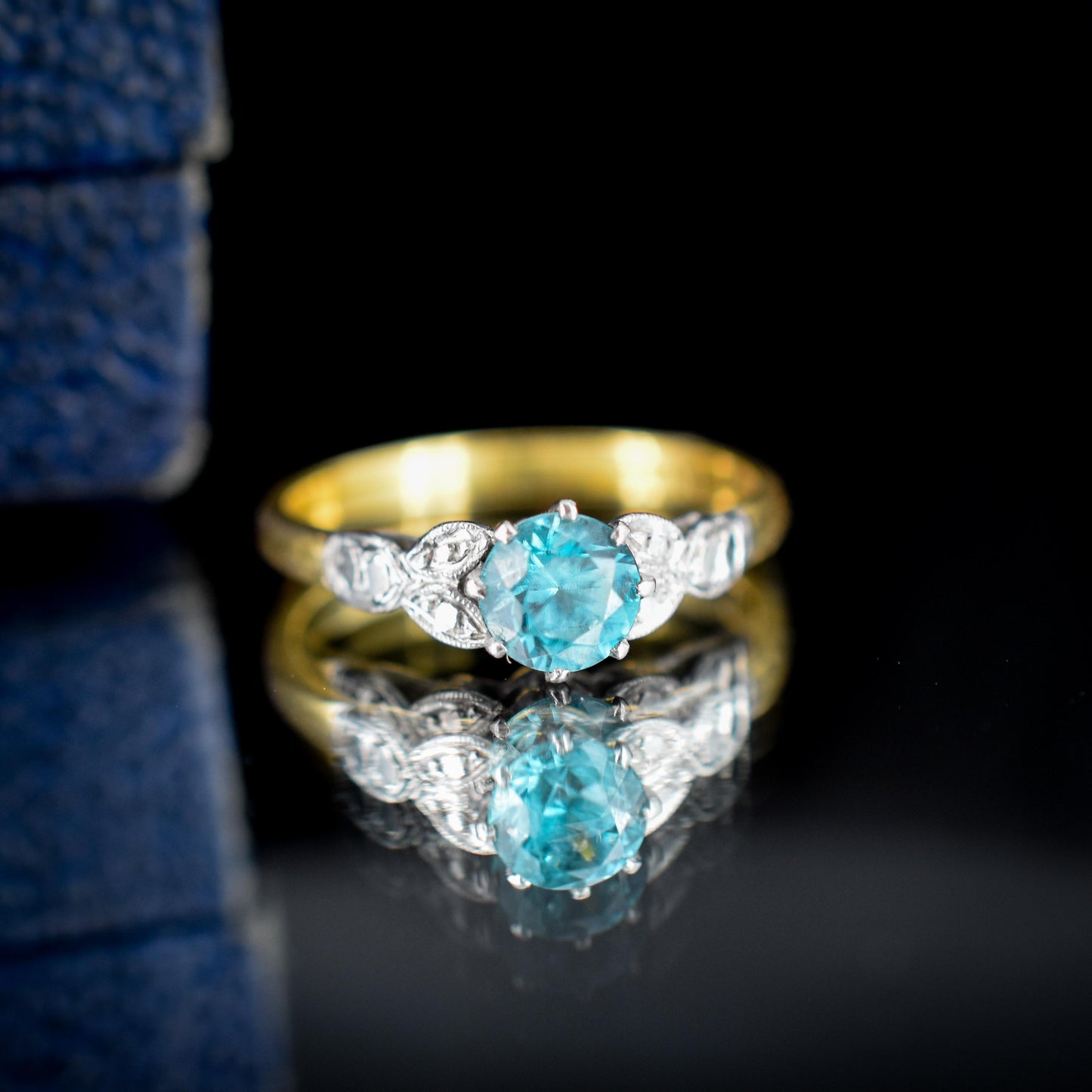 Art Deco Blue Zircon Round Solitaire 18ct Yellow Gold Ring