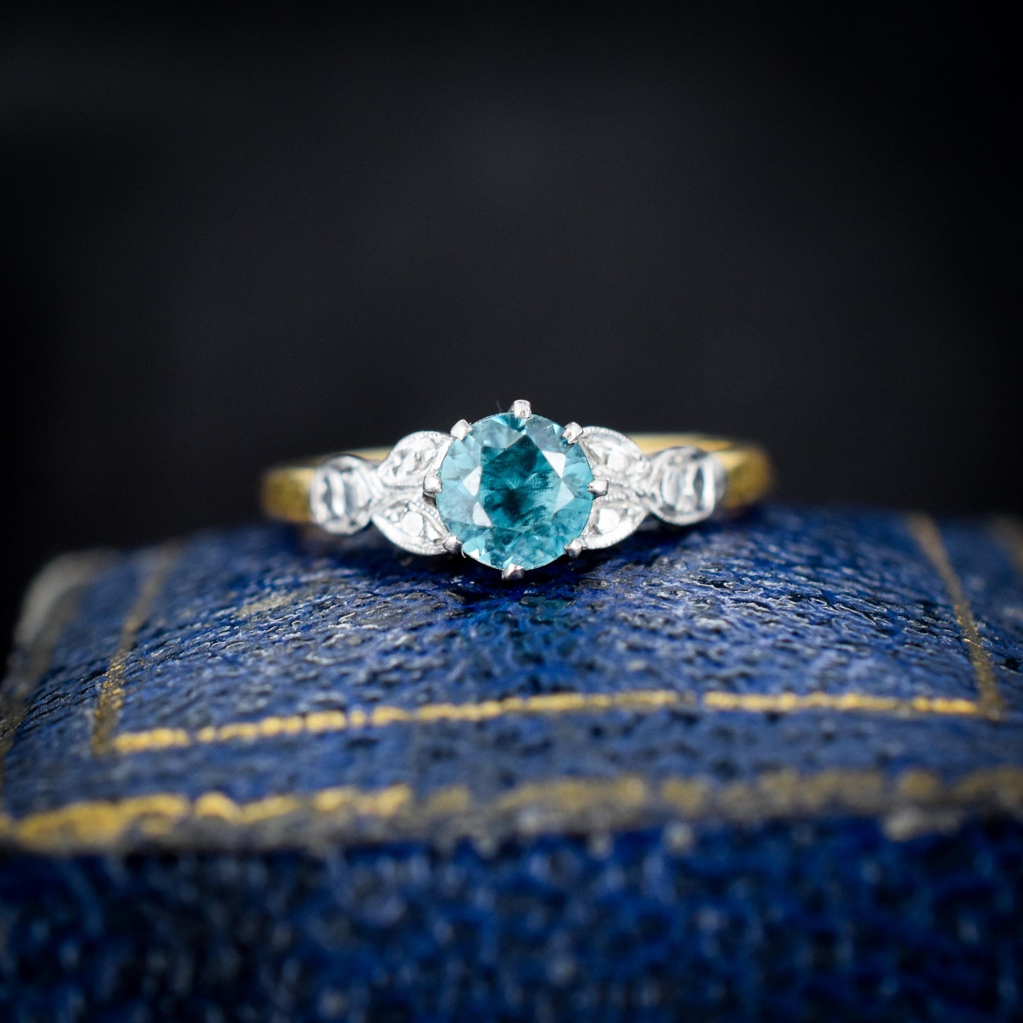 Art Deco Blue Zircon Round Solitaire 18ct Yellow Gold Ring