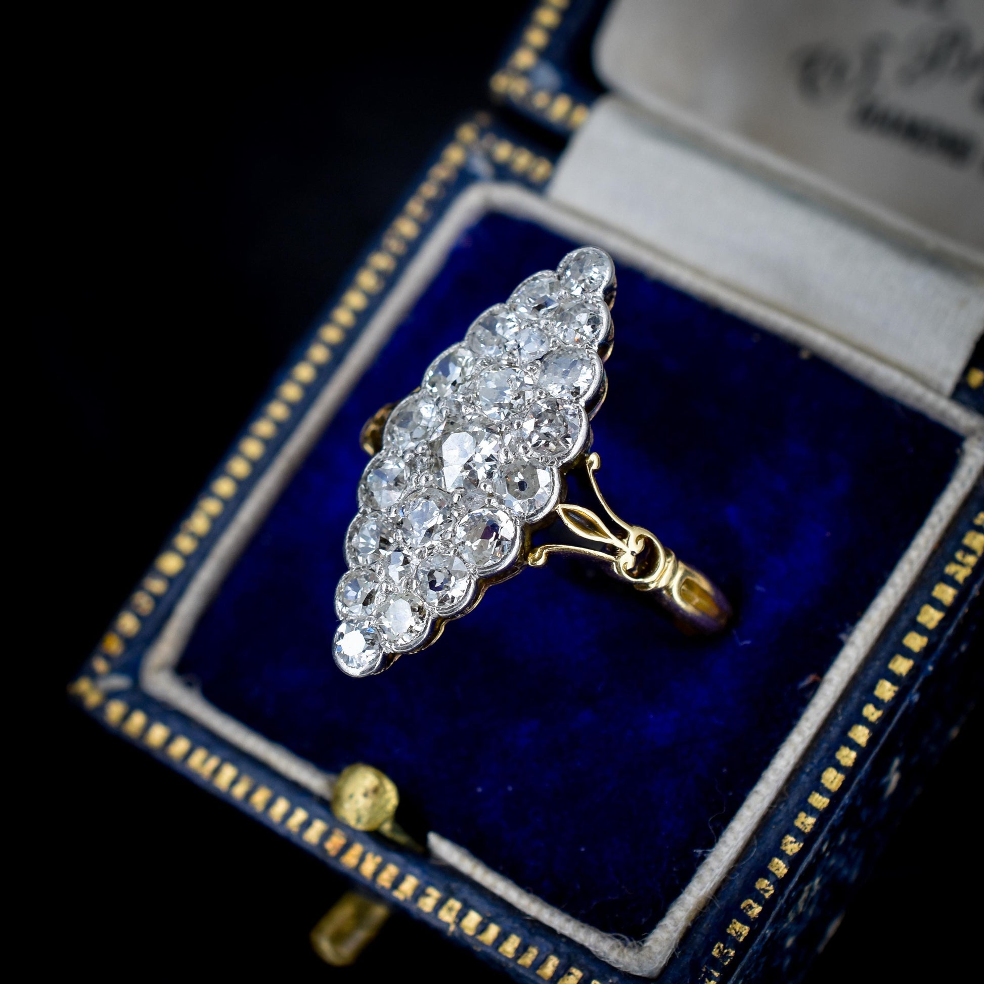 Antique 1.20ct Victorian Old Cut Diamond Navette 18ct Gold Ring | Boxed