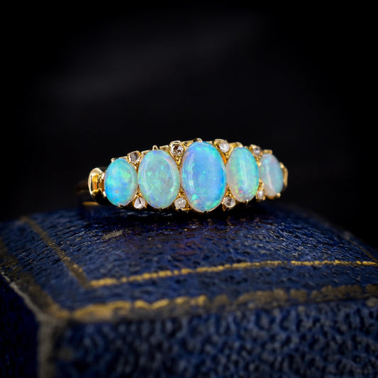 Antique Natural Opal and Diamond Five Stone 18ct Yellow Gold Ring