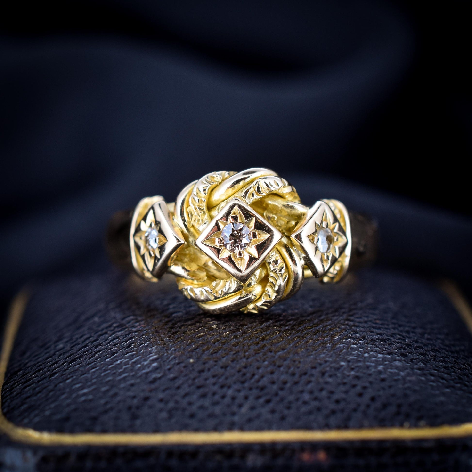 Antique Diamond Three Stone Lovers Knot 18ct Yellow Gold Ring | Dated 1918