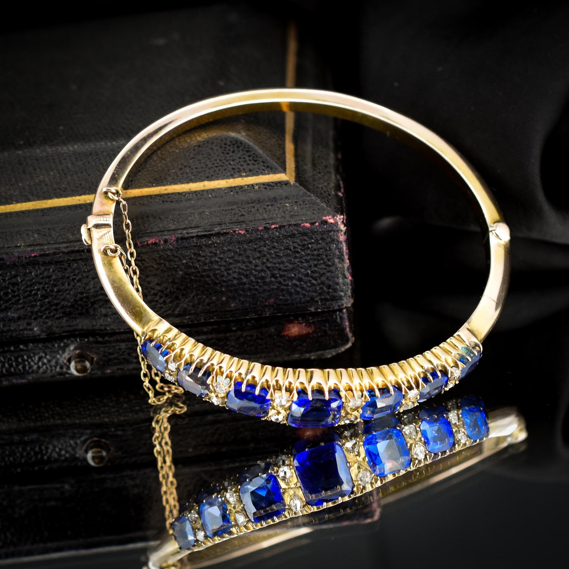 Antique Sapphire Paste and Diamond 9ct Gold Bangle Bracelet