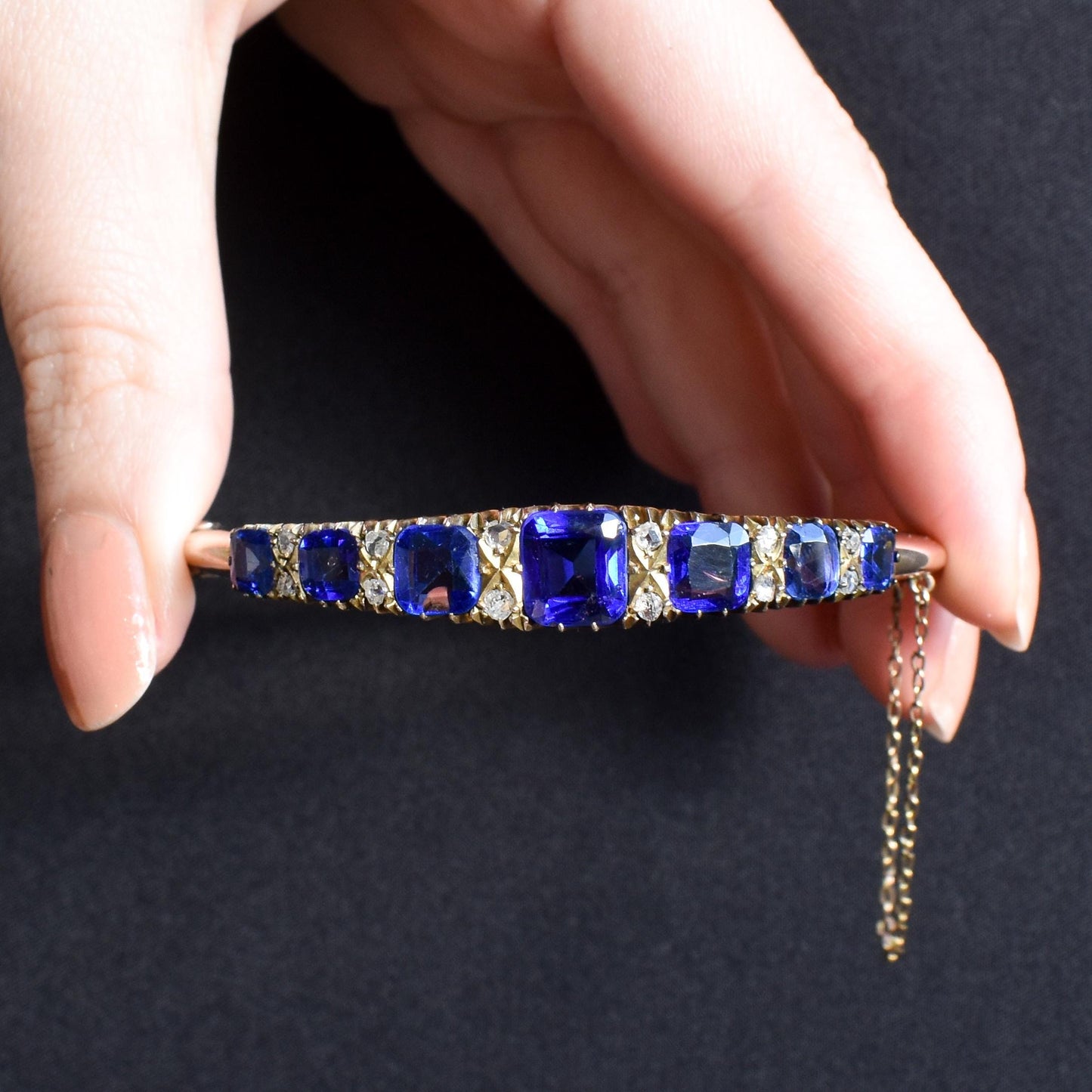 Antique Sapphire Paste and Diamond 9ct Gold Bangle Bracelet