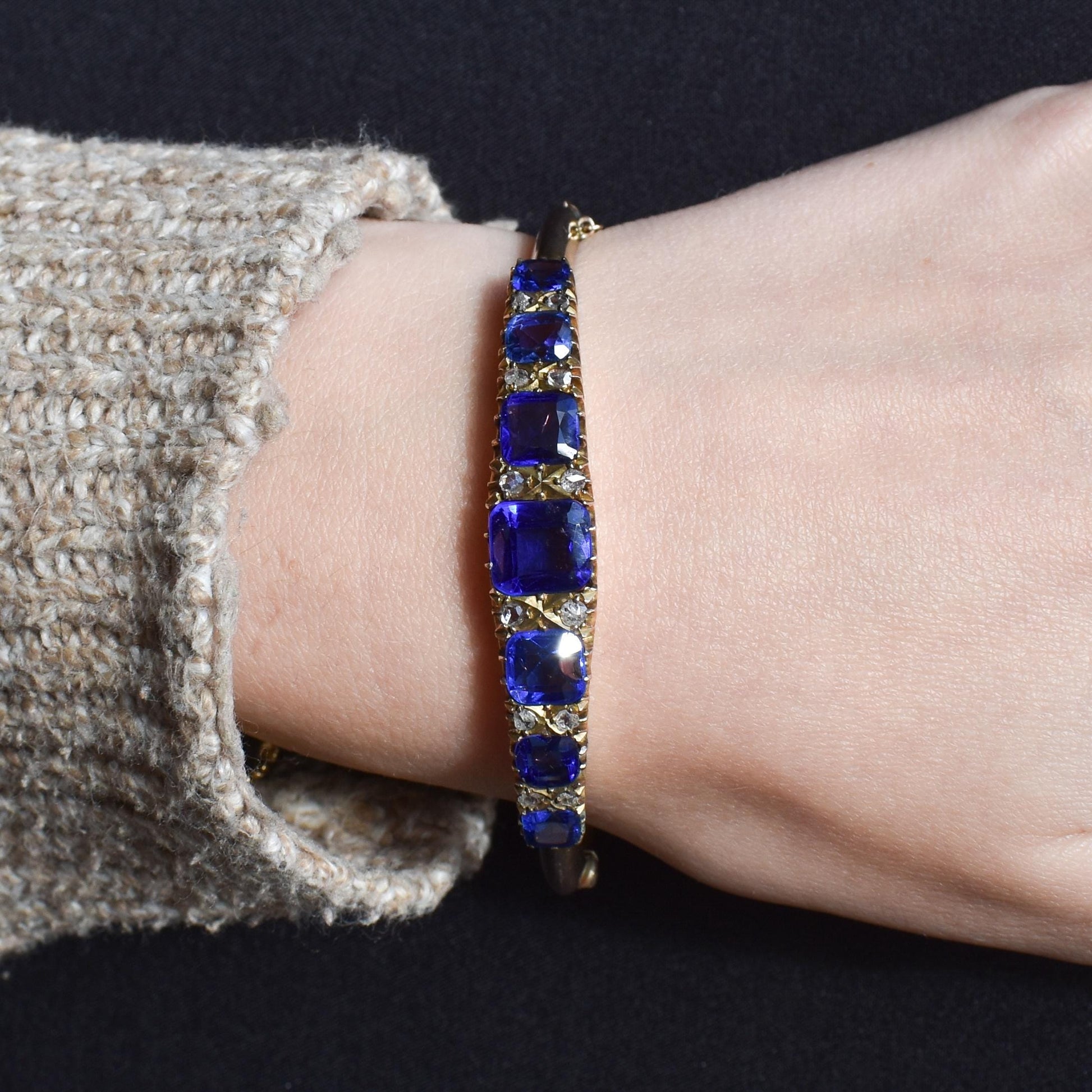 Antique Sapphire Paste and Diamond 9ct Gold Bangle Bracelet