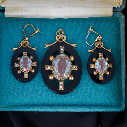 Antique Saphiret and Pearl Earring and Pendant Jewellery Set