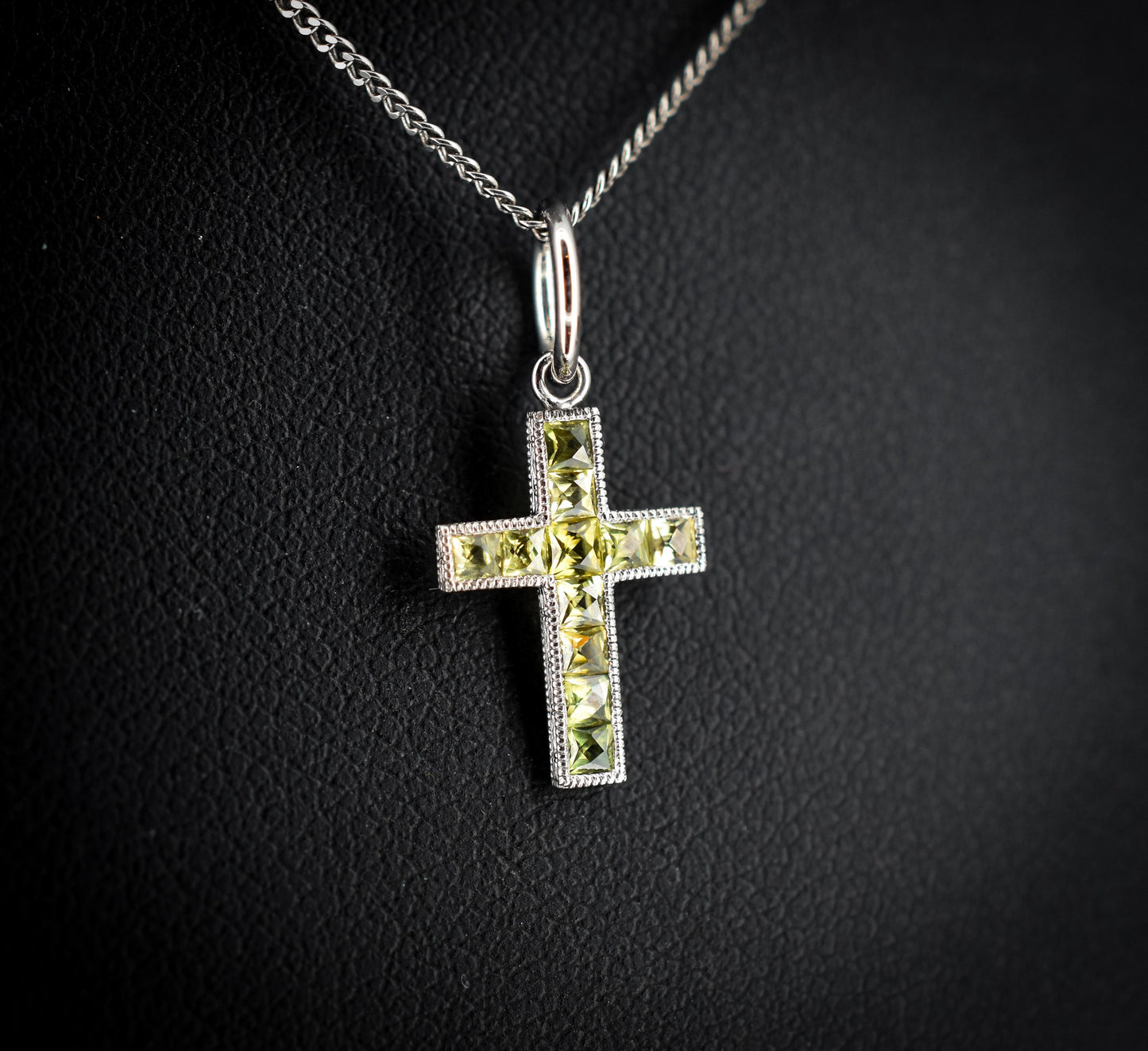 French Cut Green Sapphire Cross Platinum Charm Pendant - 0.50ct