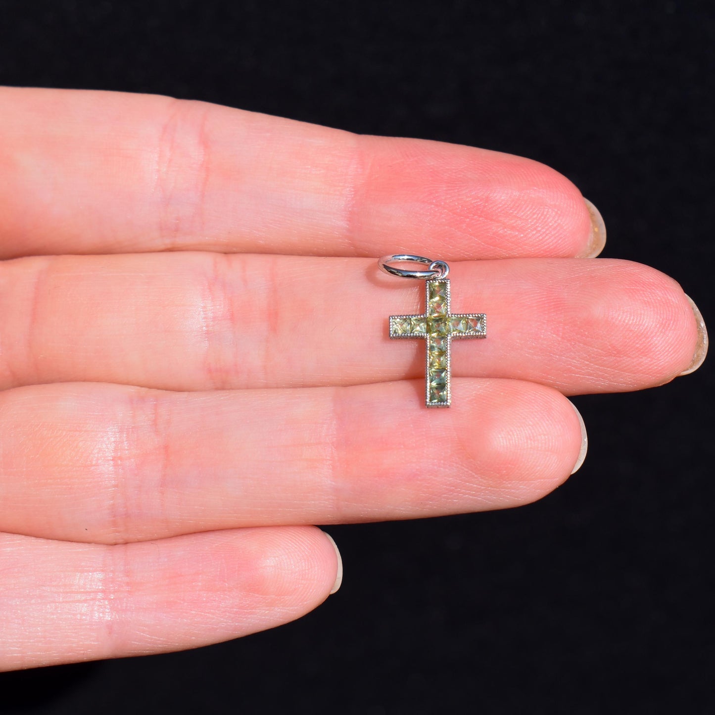 French Cut Green Sapphire Cross Platinum Charm Pendant - 0.50ct