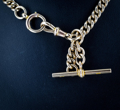 Antique 9ct Yellow Gold Bolt Ring and Dog Clip Curb Link Albert Watch Chain Necklace 14.5"