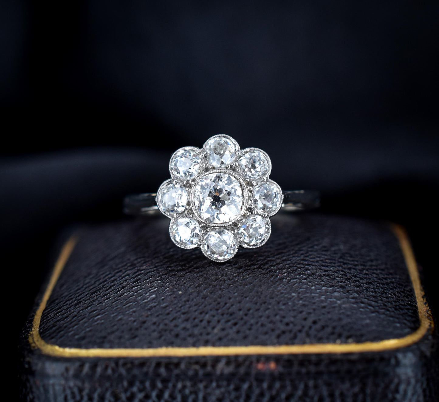 Antique 1.09ct Old Cut Diamond Cluster Daisy 18ct Gold Ring