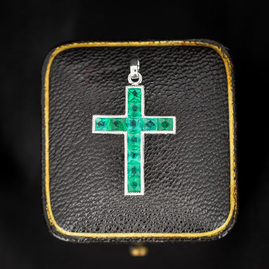 French Cut Emerald Large Cross Platinum Charm Pendant - 0.90ct