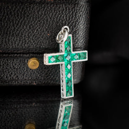 French Cut Emerald Large Cross Platinum Charm Pendant - 0.90ct