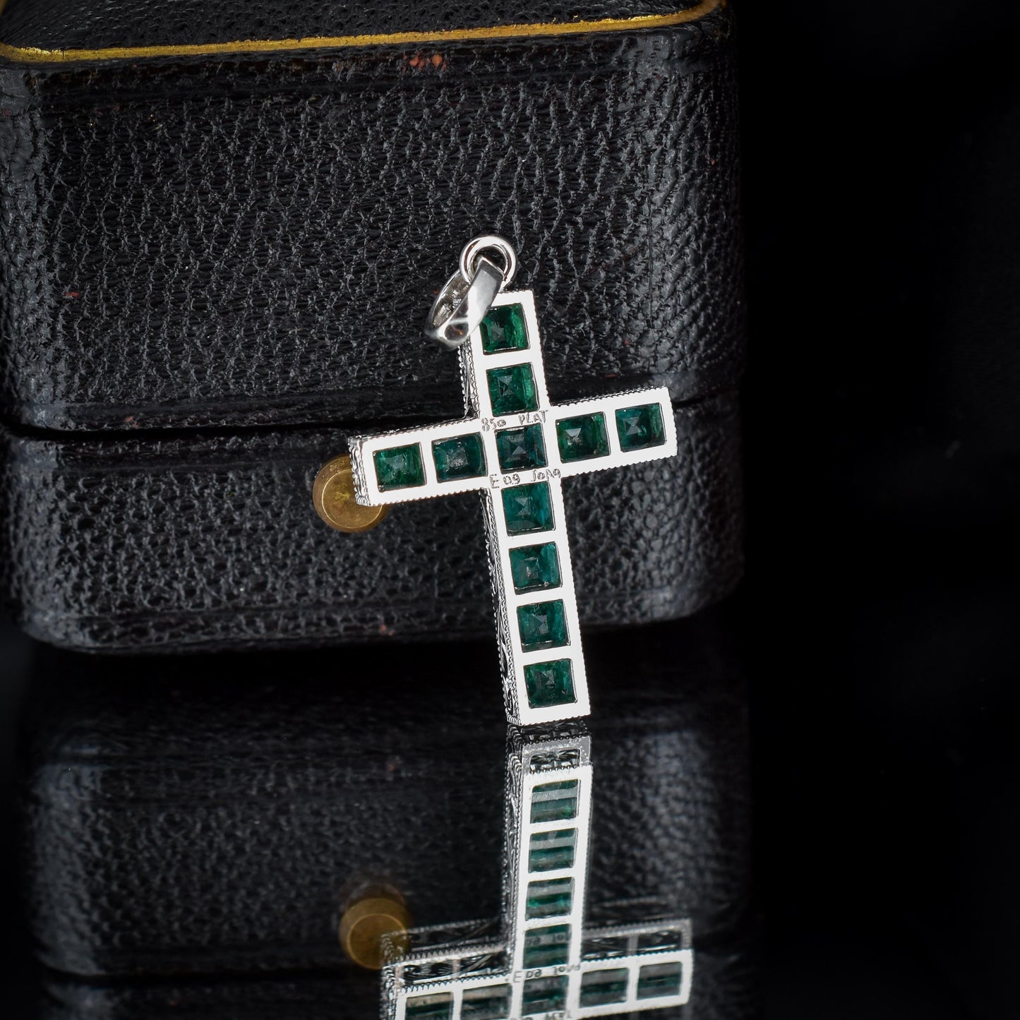 French Cut Emerald Large Cross Platinum Charm Pendant - 0.90ct