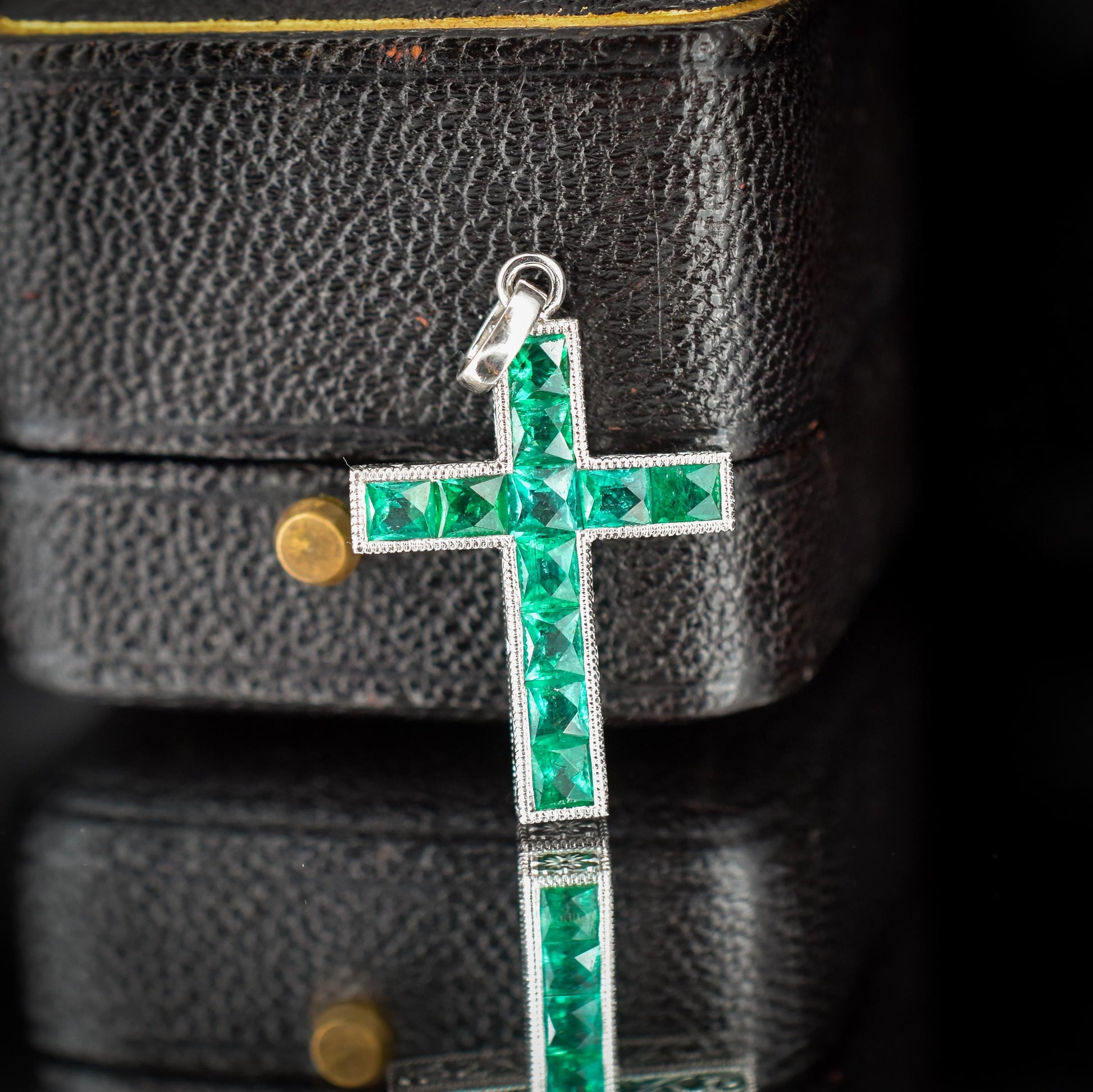 French Cut Emerald Large Cross Platinum Charm Pendant - 0.90ct