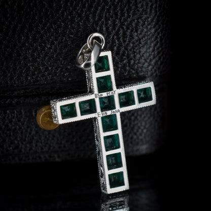 French Cut Emerald Large Cross Platinum Charm Pendant - 0.90ct