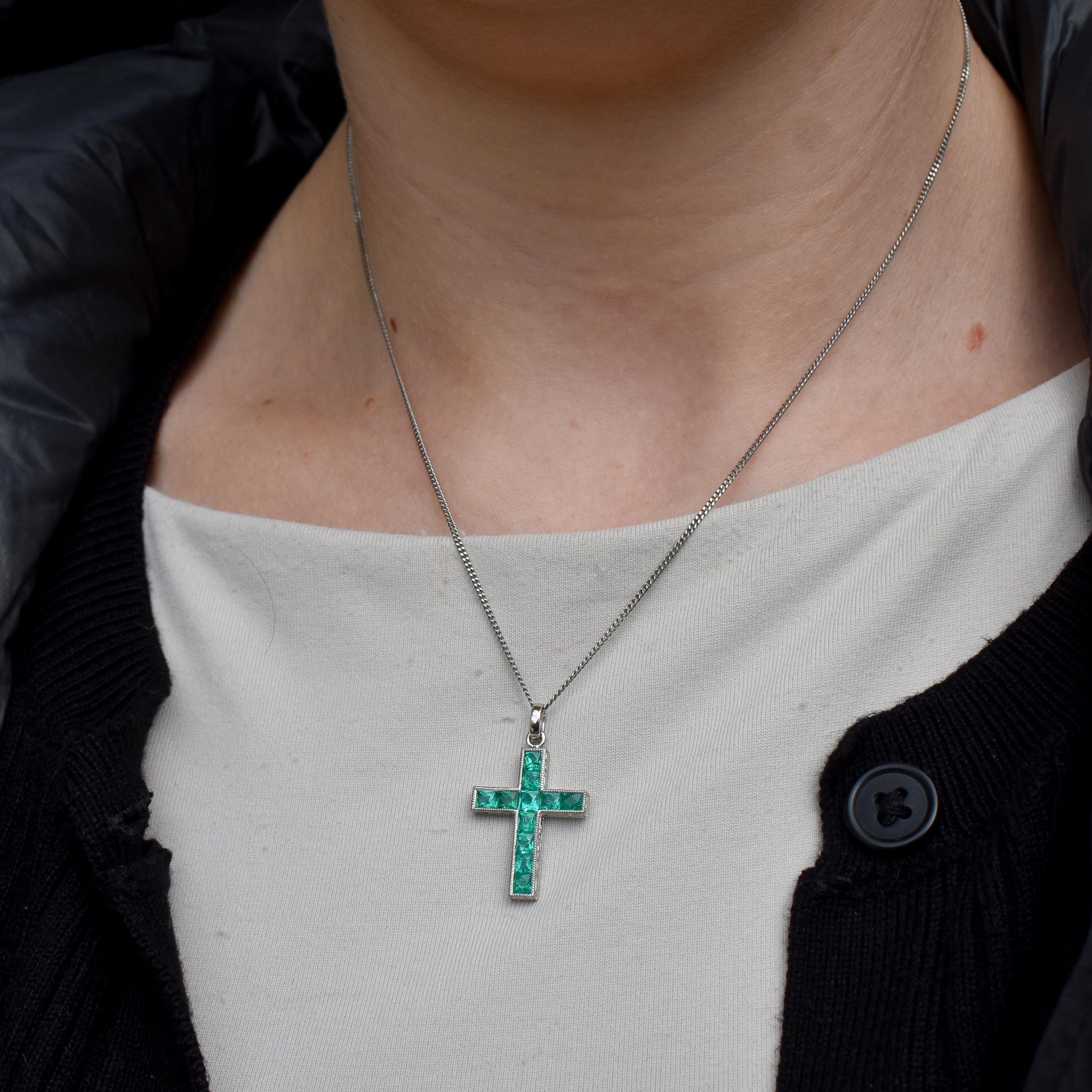 French Cut Emerald Large Cross Platinum Charm Pendant - 0.90ct